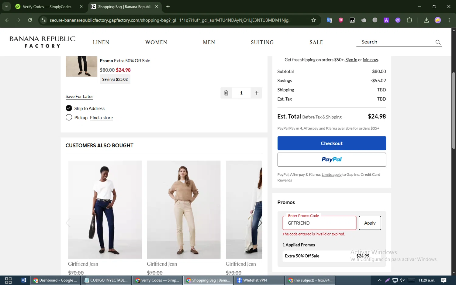 Banana Republic Factory promo code screenshot showing code GFFRIEND applied at Banana Republic Factory checkout page. Uploaded by SimplyCodes community member clifforf on Aug 20, 2025