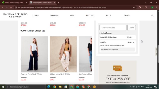 Banana Republic Factory checkout page showing Banana Republic Factory promo code box | Screenshot taken by SimplyCodes community member on Aug 25, 2025