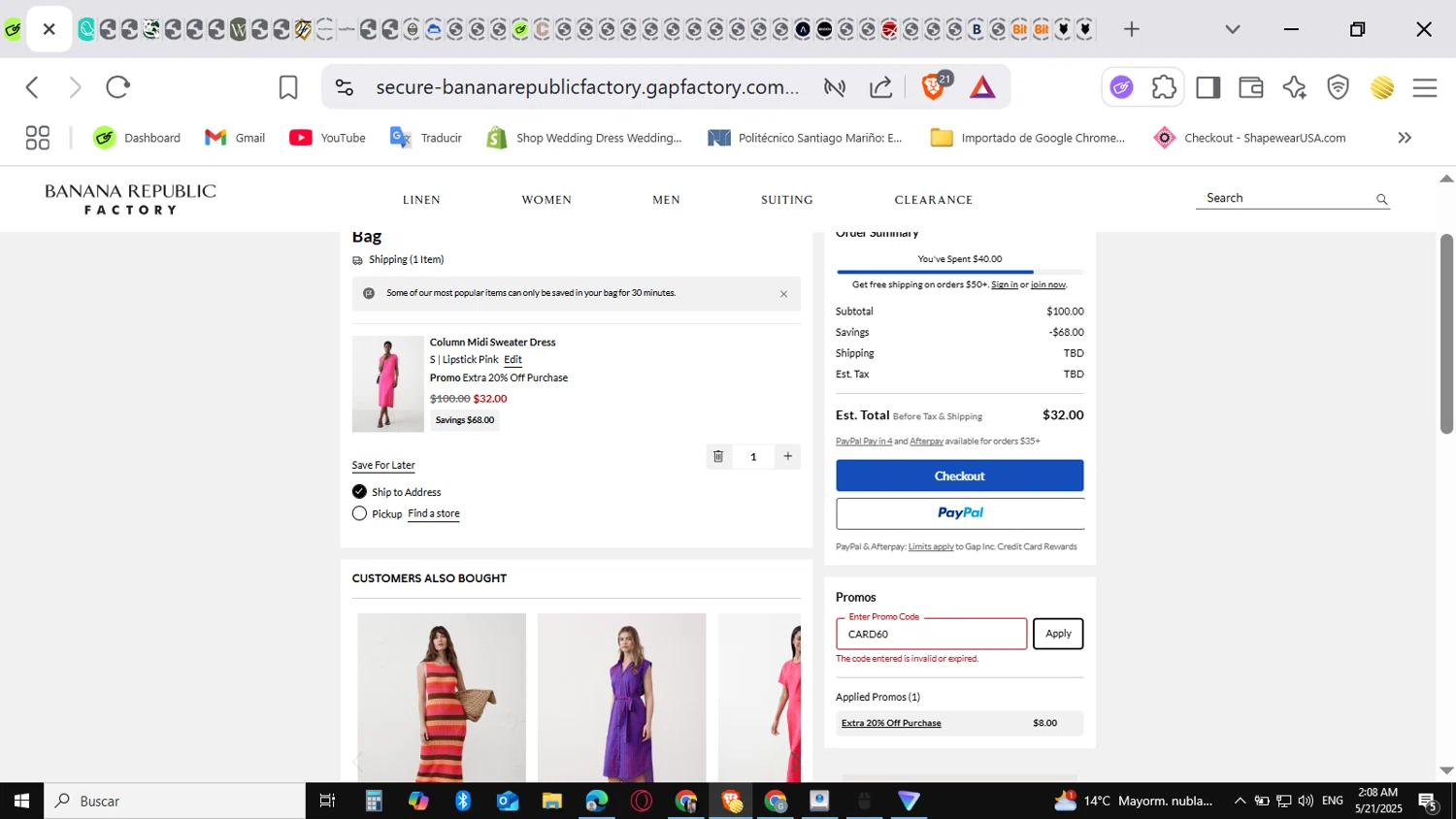 Banana Republic Factory promo code screenshot showing code CARD60 applied at Banana Republic Factory checkout page. Uploaded by SimplyCodes community member myke_suave on May 21, 2025