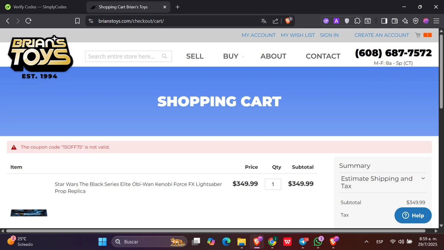 Brian's Toys promo code screenshot showing code 15OFF75 applied at Brian's Toys checkout page. Uploaded by SimplyCodes community member hanzell2 on Jul 29, 2025