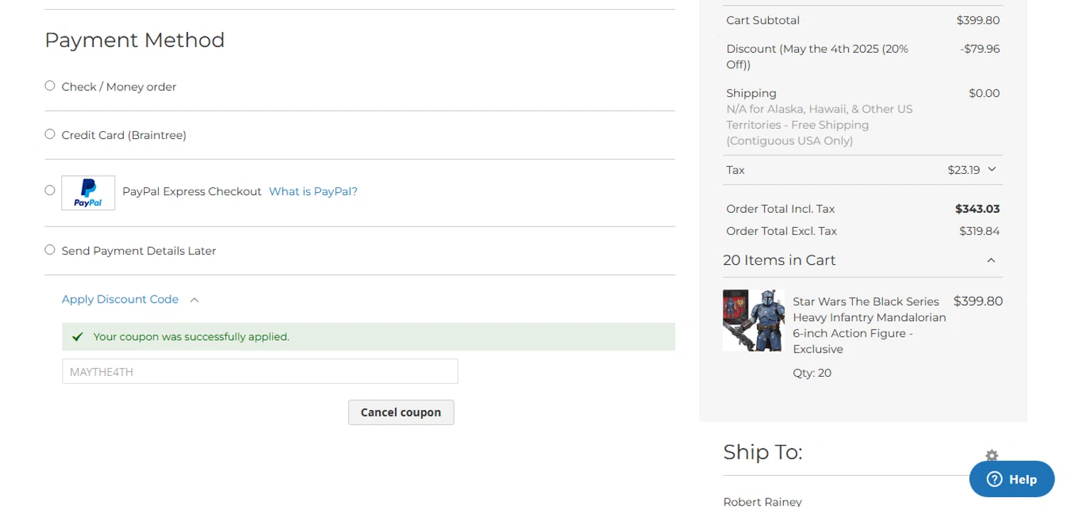 Brian's Toys checkout page showing Brian's Toys promo code box | Screenshot taken by SimplyCodes community member on May 7, 2025