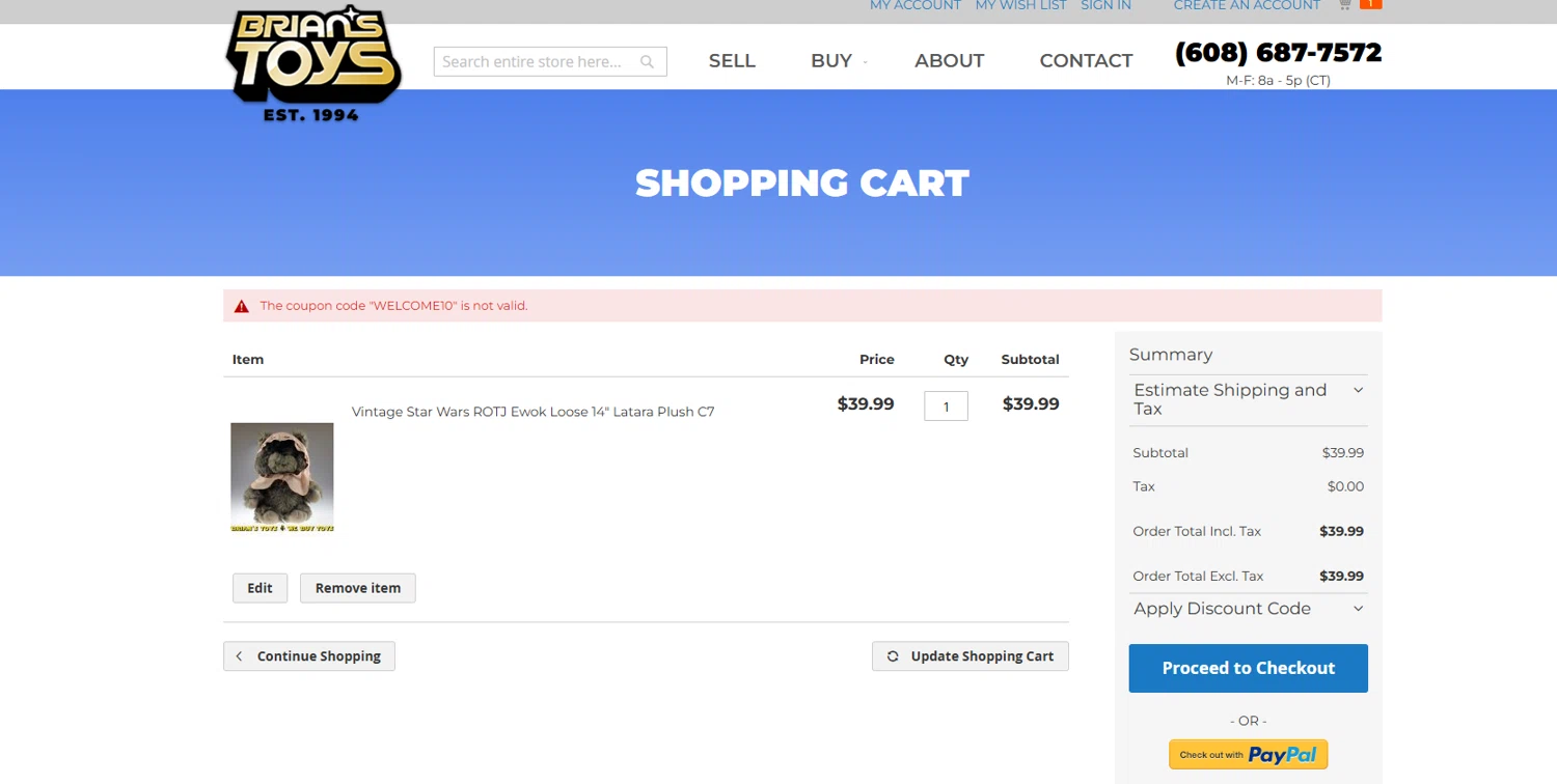 Brian's Toys promo code screenshot showing code WELCOME10 applied at Brian's Toys checkout page. Uploaded by SimplyCodes community member CleverHero2900 on Sep 16, 2025