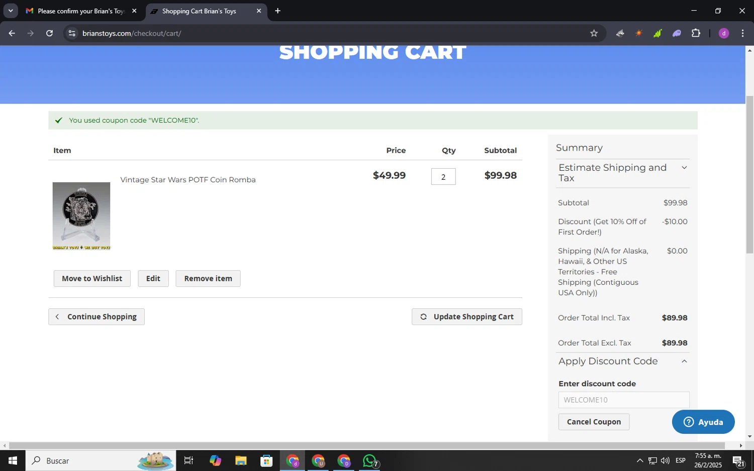 Brian's Toys checkout page showing Brian's Toys promo code box | Screenshot taken by SimplyCodes community member on Feb 26, 2025