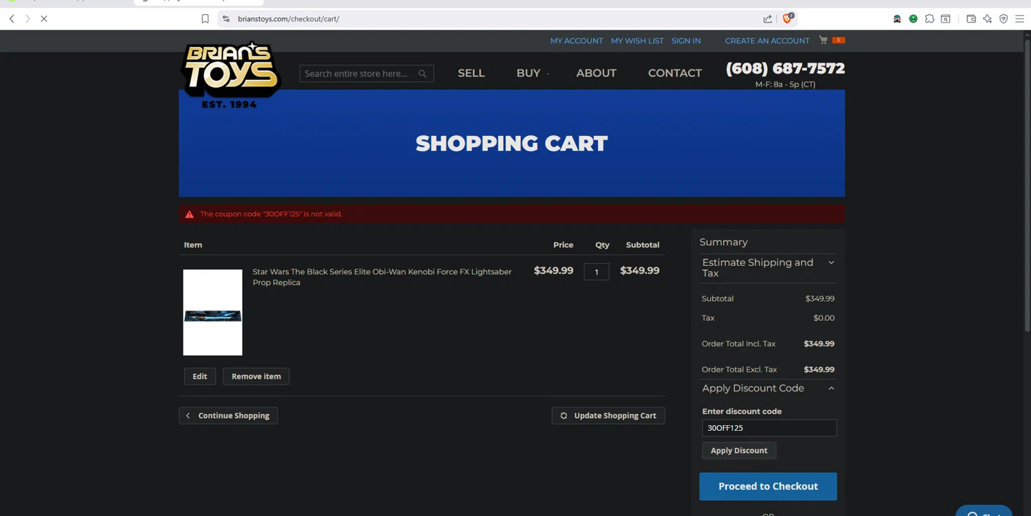 Brian's Toys promo code screenshot showing code 30OFF125 applied at Brian's Toys checkout page. Uploaded by SimplyCodes community member dayselis15 on Jul 29, 2025