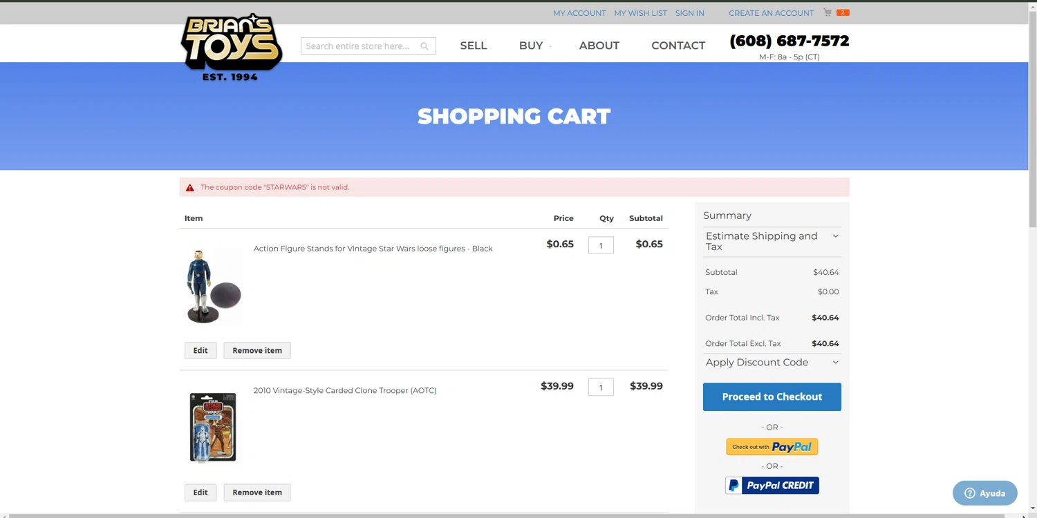 Brian's Toys promo code screenshot showing code STARWARS applied at Brian's Toys checkout page. Uploaded by SimplyCodes community member melano on Dec 29, 2024