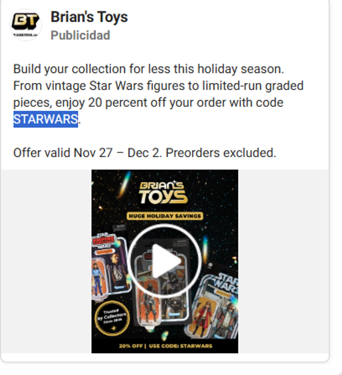 Brian's Toys promo code screenshot showing code STARWARS applied at Brian's Toys checkout page. Uploaded by SimplyCodes community member antonietarodriguez96 on Nov 28, 2025