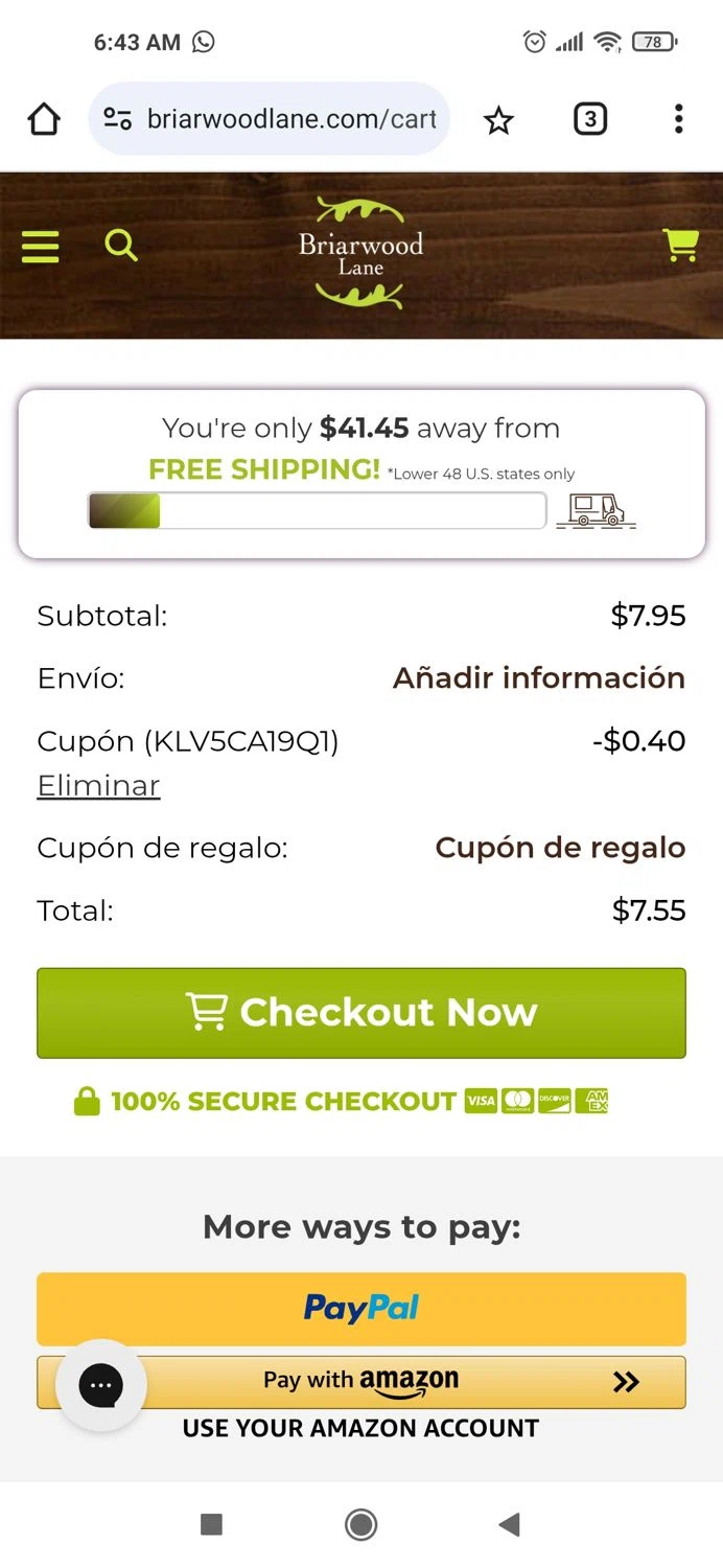 Briarwood Lane coupon code screenshot showing code KLV5CA19Q1 applied at Briarwood Lane checkout page. Uploaded by SimplyCodes community member Piolin on May 29, 2025