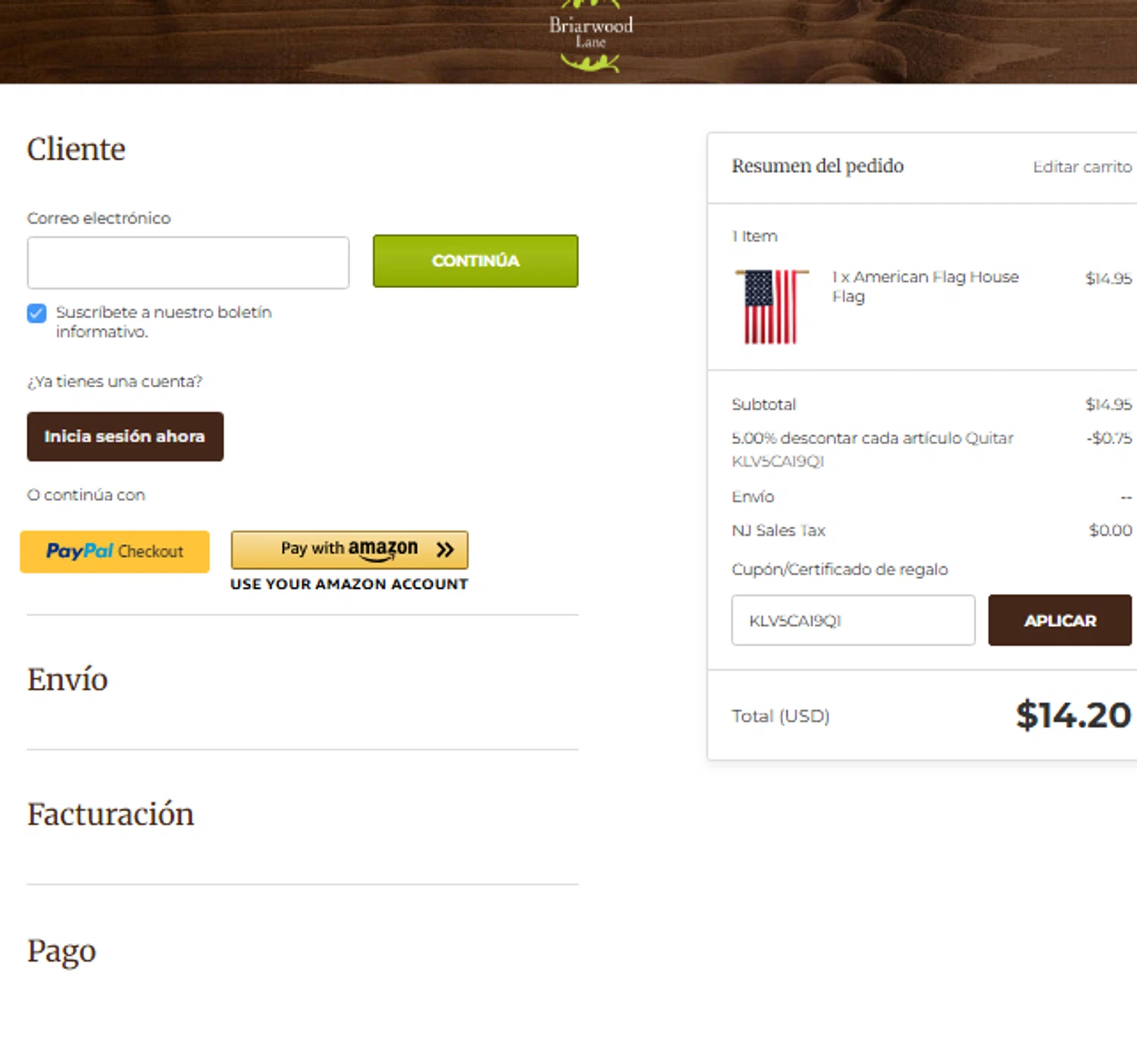 Briarwood Lane coupon code screenshot showing code KLV5CA19Q1 applied at Briarwood Lane checkout page. Uploaded by SimplyCodes community member FrugalHunter3134 on Apr 1, 2025