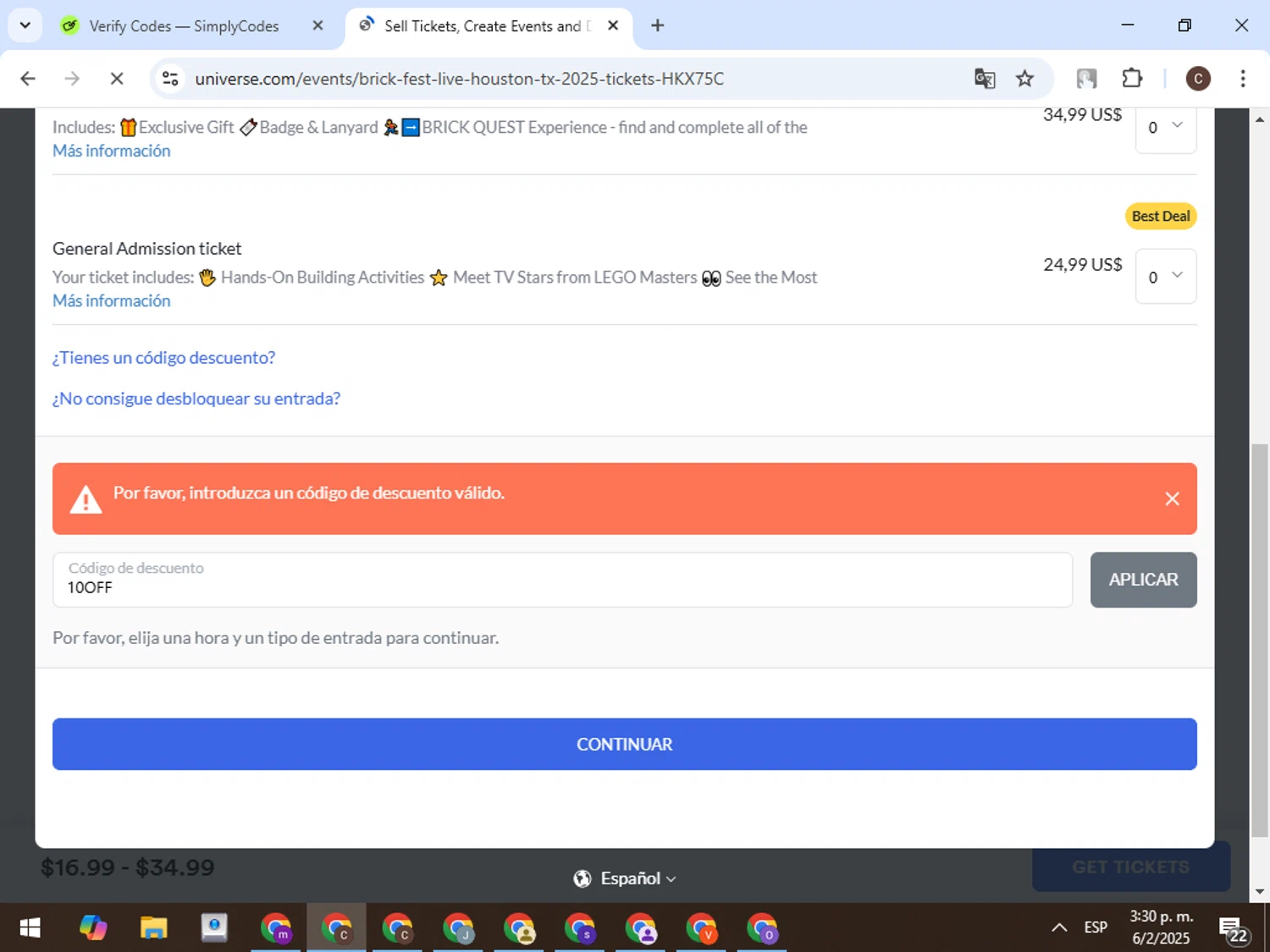 Brick Fest Live discount code screenshot showing code 10OFF applied at Brick Fest Live checkout page. Uploaded by SimplyCodes community member TreasureFox8596 on Feb 6, 2025