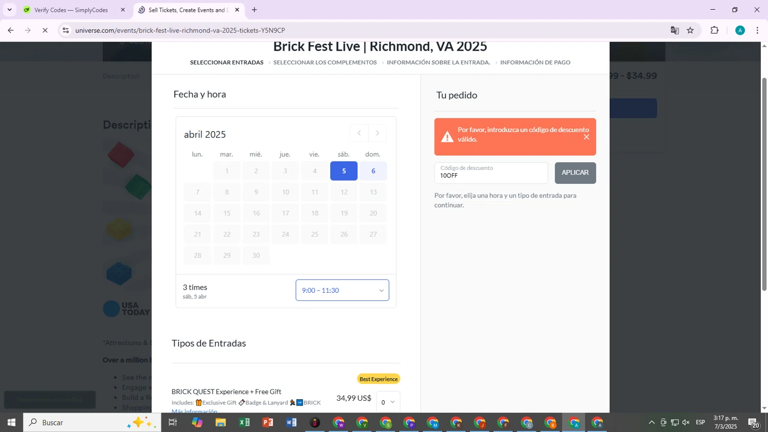 Brick Fest Live discount code screenshot showing code 10OFF applied at Brick Fest Live checkout page. Uploaded by SimplyCodes community member SaleTiger4389 on Mar 7, 2025