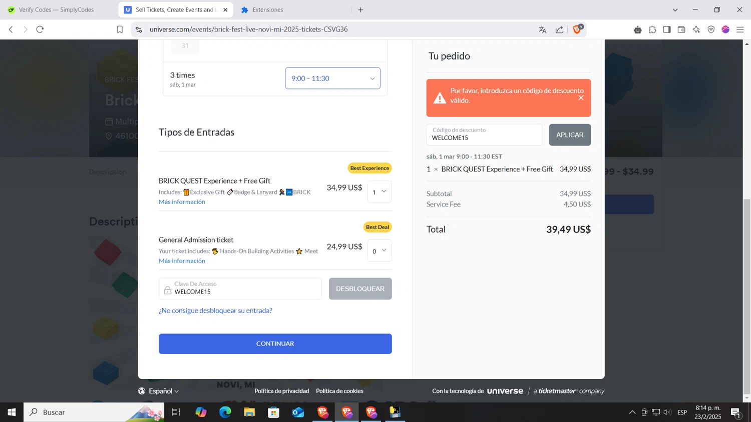 Brick Fest Live discount code screenshot showing code WELCOME15 applied at Brick Fest Live checkout page. Uploaded by SimplyCodes community member AnthonyGTX on Feb 24, 2025