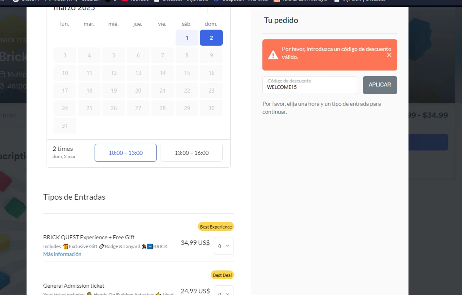 Brick Fest Live discount code screenshot showing code WELCOME15 applied at Brick Fest Live checkout page. Uploaded by SimplyCodes community member Yossoy on Feb 28, 2025