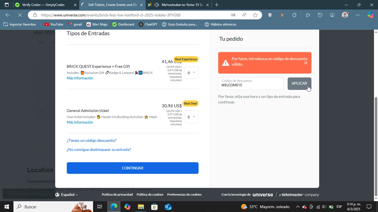 Brick Fest Live discount code screenshot showing code WELCOME15 applied at Brick Fest Live checkout page. Uploaded by SimplyCodes community member ShieldGenius127 on Mar 6, 2025