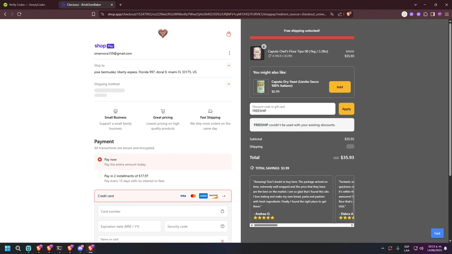 BrickOvenBaker discount code screenshot showing code FREESHIP applied at BrickOvenBaker checkout page. Uploaded by SimplyCodes community member jakycham2020 on Jun 14, 2025