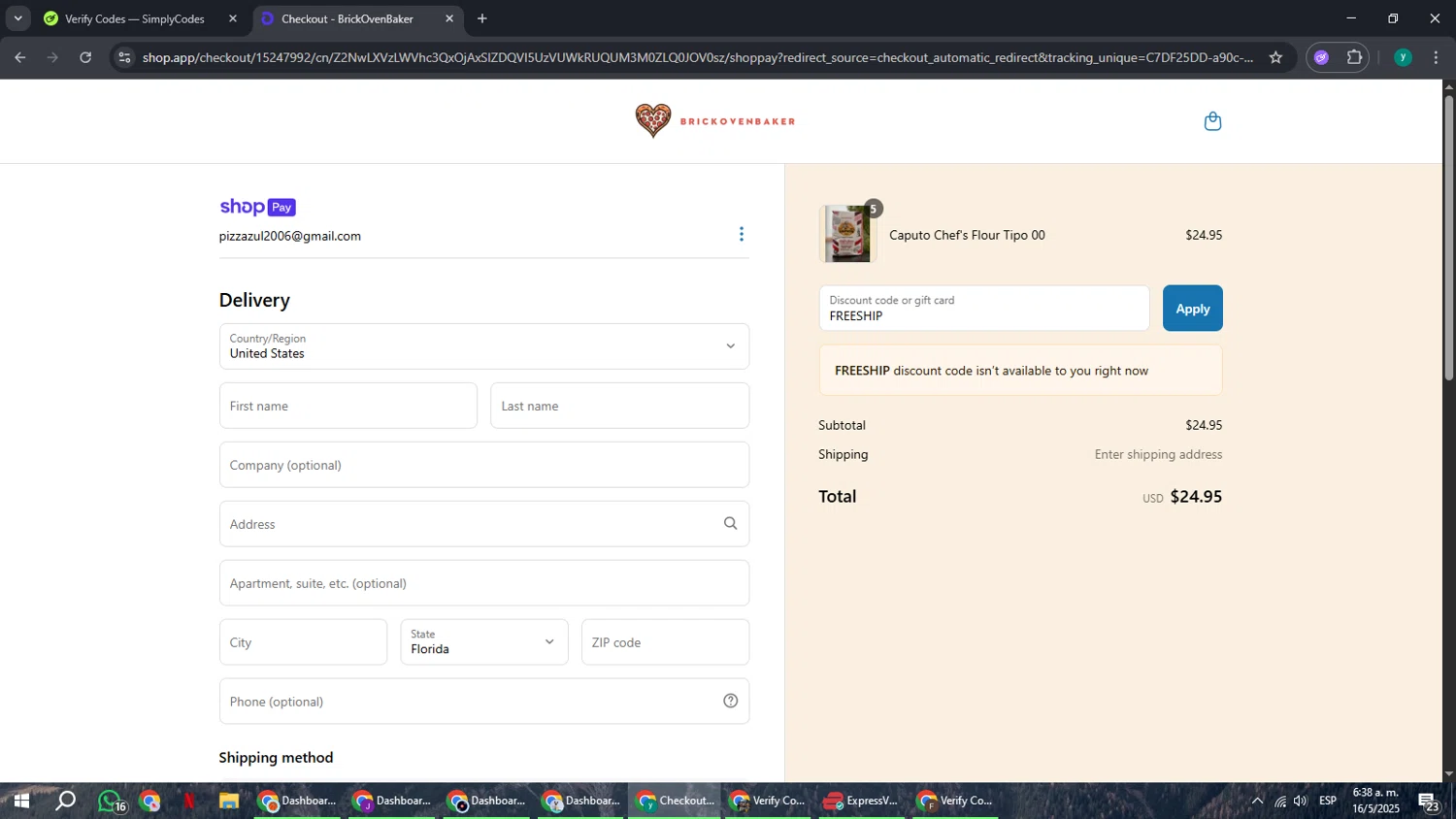 BrickOvenBaker discount code screenshot showing code FREESHIP applied at BrickOvenBaker checkout page. Uploaded by SimplyCodes community member FrugalCaptain6906 on May 16, 2025