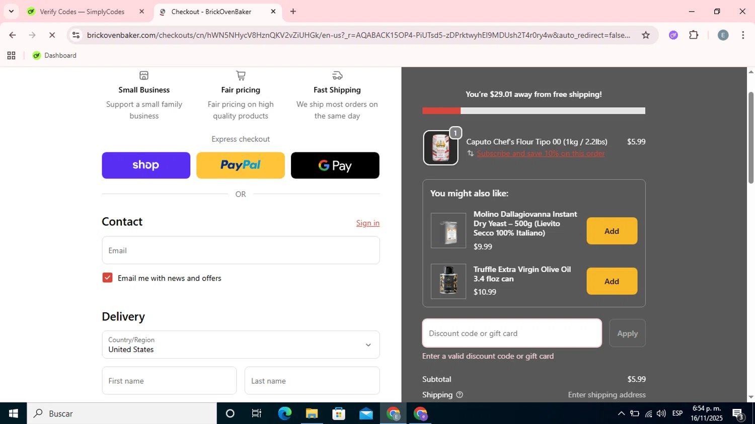 BrickOvenBaker discount code screenshot showing code ADDICTS10 applied at BrickOvenBaker checkout page. Uploaded by SimplyCodes community member Esteban on Nov 16, 2025
