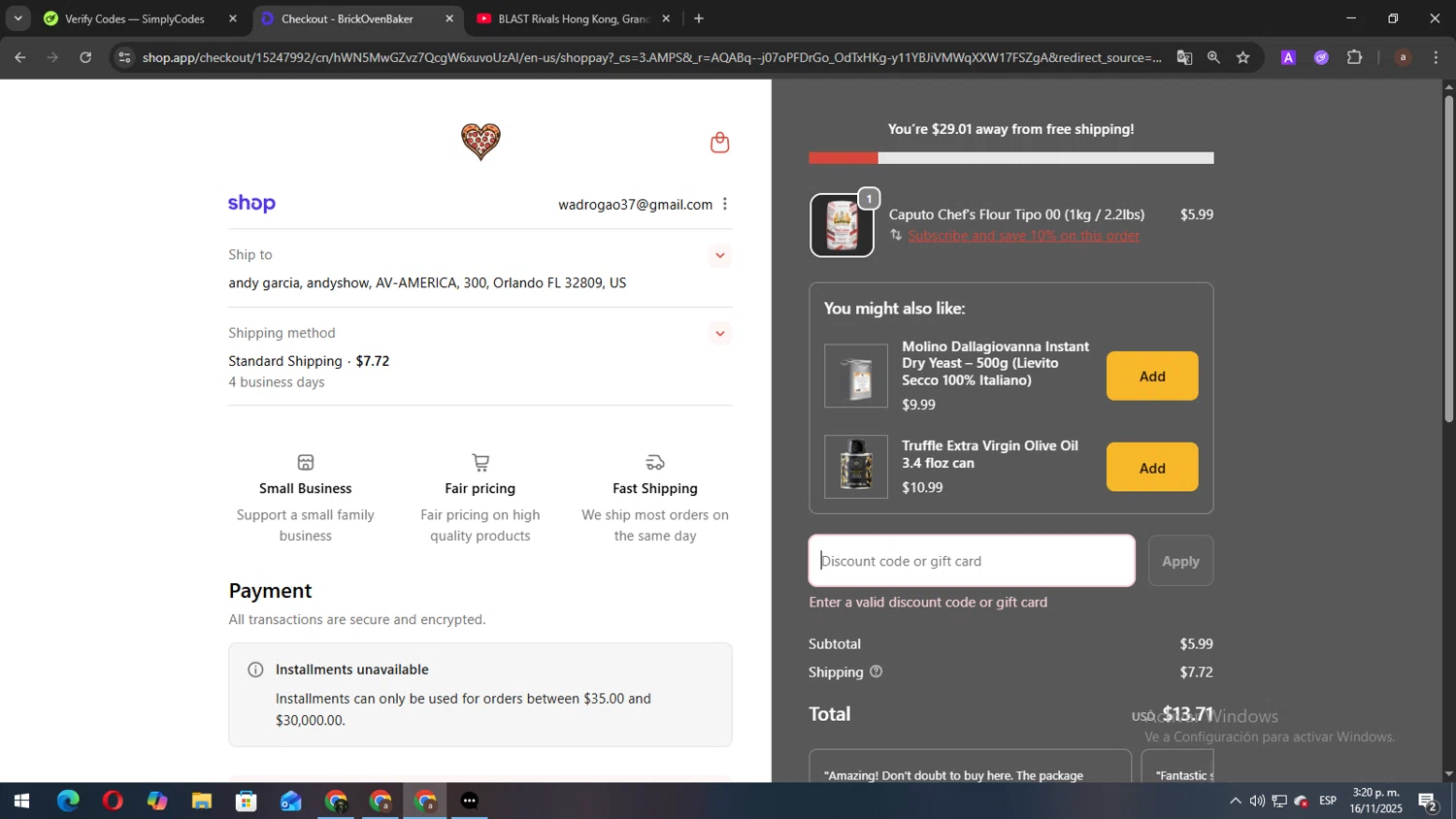 BrickOvenBaker discount code screenshot showing code ADDICTS10 applied at BrickOvenBaker checkout page. Uploaded by SimplyCodes community member elbicho22 on Nov 16, 2025