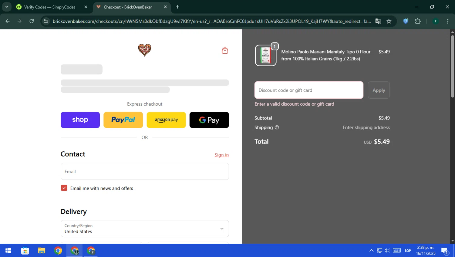 BrickOvenBaker discount code screenshot showing code ADDICTS10 applied at BrickOvenBaker checkout page. Uploaded by SimplyCodes community member rodri1 on Nov 16, 2025
