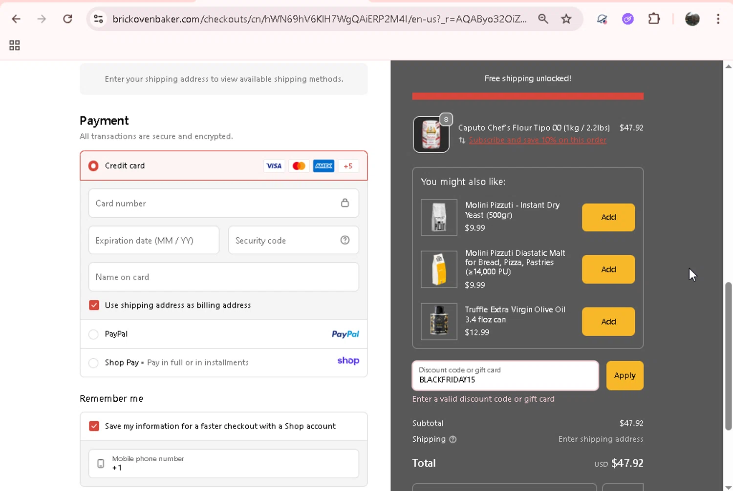 BrickOvenBaker discount code screenshot showing code BLACKFRIDAY15 applied at BrickOvenBaker checkout page. Uploaded by SimplyCodes community member Jesusvasquezzz on Dec 7, 2025