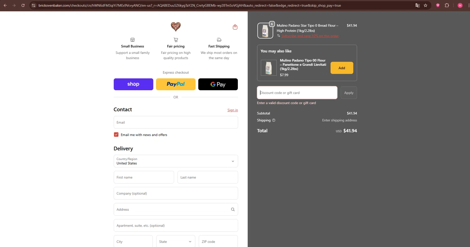 BrickOvenBaker discount code screenshot showing code PADANO10 applied at BrickOvenBaker checkout page. Uploaded by SimplyCodes community member WiseGuardian9582 on Dec 20, 2025