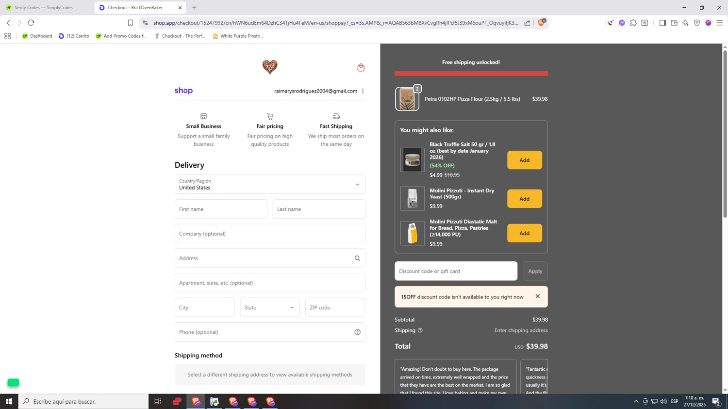 BrickOvenBaker discount code screenshot showing code 15OFF applied at BrickOvenBaker checkout page. Uploaded by SimplyCodes community member Nezukooo on Dec 27, 2025