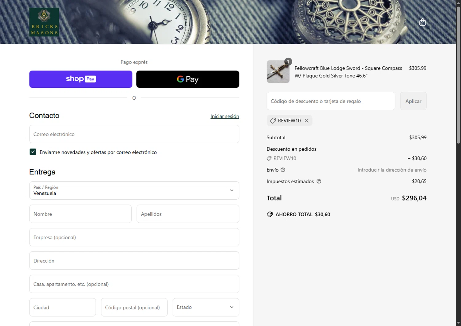 Bricks Masons discount code screenshot showing code REVIEW10 applied at Bricks Masons checkout page. Uploaded by SimplyCodes community member Leannysv7lla on Apr 16, 2025