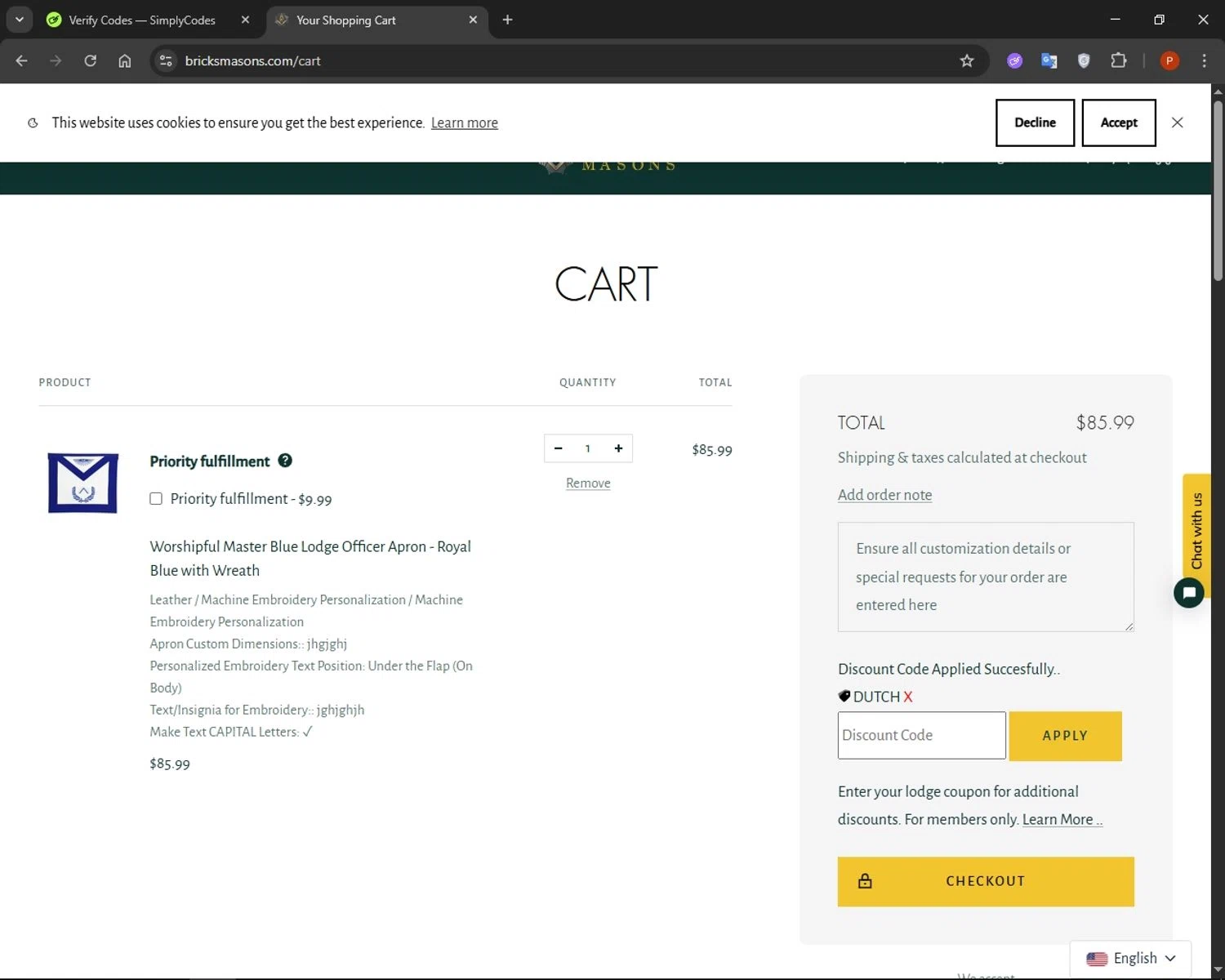 Bricks Masons discount code screenshot showing code DUTCH applied at Bricks Masons checkout page. Uploaded by SimplyCodes community member AuronPlay on Jun 23, 2025