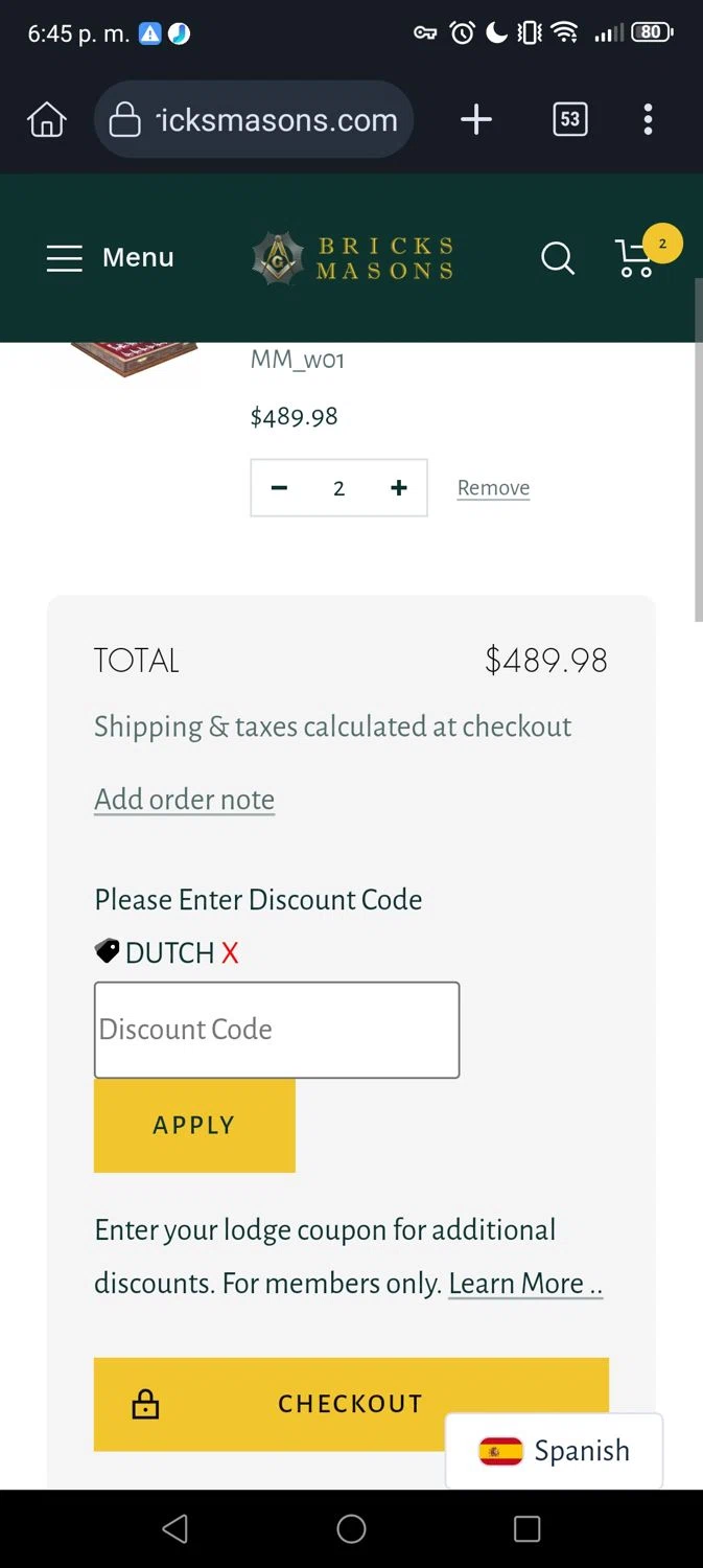 Bricks Masons discount code screenshot showing code DUTCH applied at Bricks Masons checkout page. Uploaded by SimplyCodes community member Gojosatoru20 on Mar 8, 2025