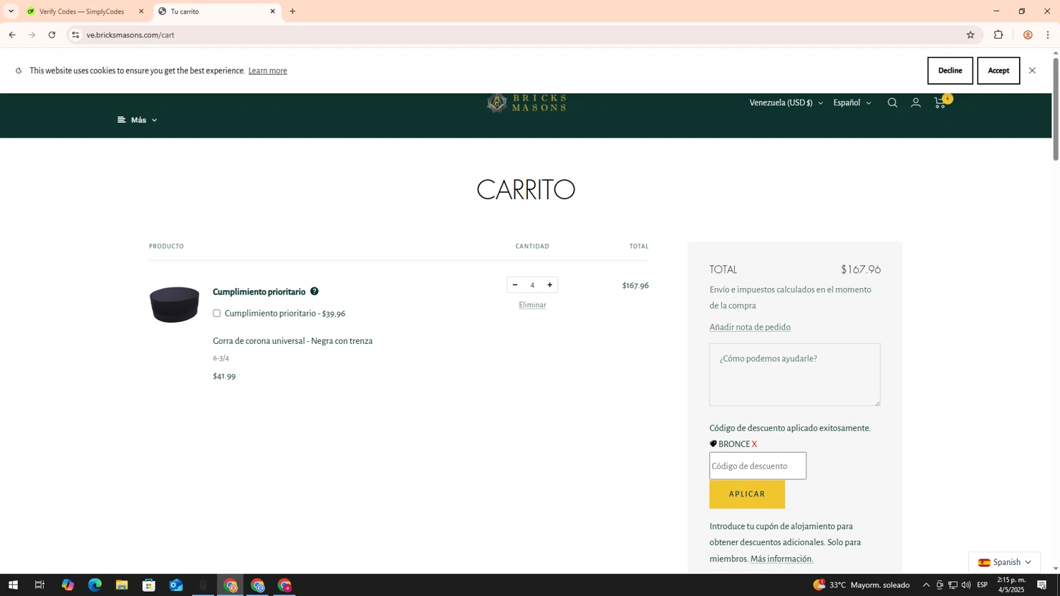 Bricks Masons discount code screenshot showing code BRONZE applied at Bricks Masons checkout page. Uploaded by SimplyCodes community member RoyalLegend4835 on May 4, 2025