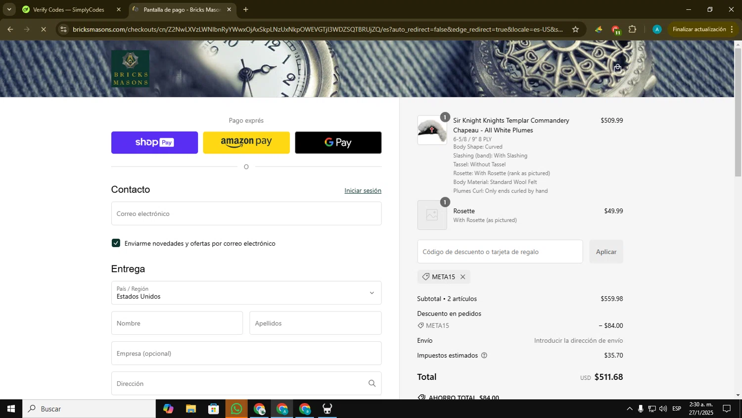 Bricks Masons discount code screenshot showing code META15 applied at Bricks Masons checkout page. Uploaded by SimplyCodes community member Blackmesa on Jan 27, 2025