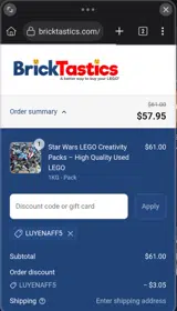Bricktastics Store coupon verification screenshot
