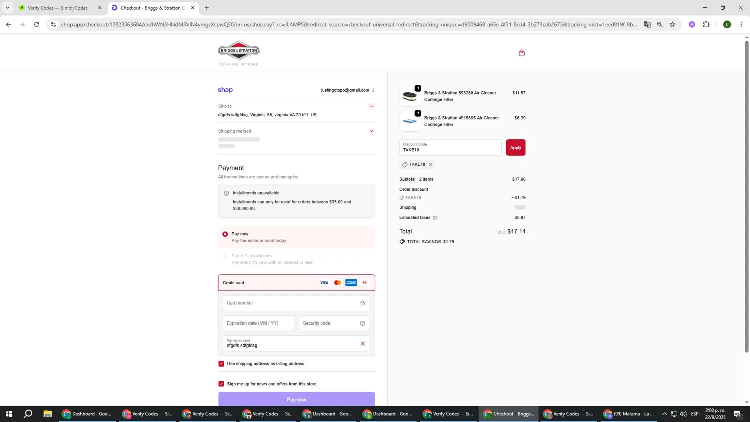 Briggs And Stratton discount code screenshot showing code TAKE10 applied at Briggs And Stratton checkout page. Uploaded by SimplyCodes community member DUCATI on Sep 22, 2025