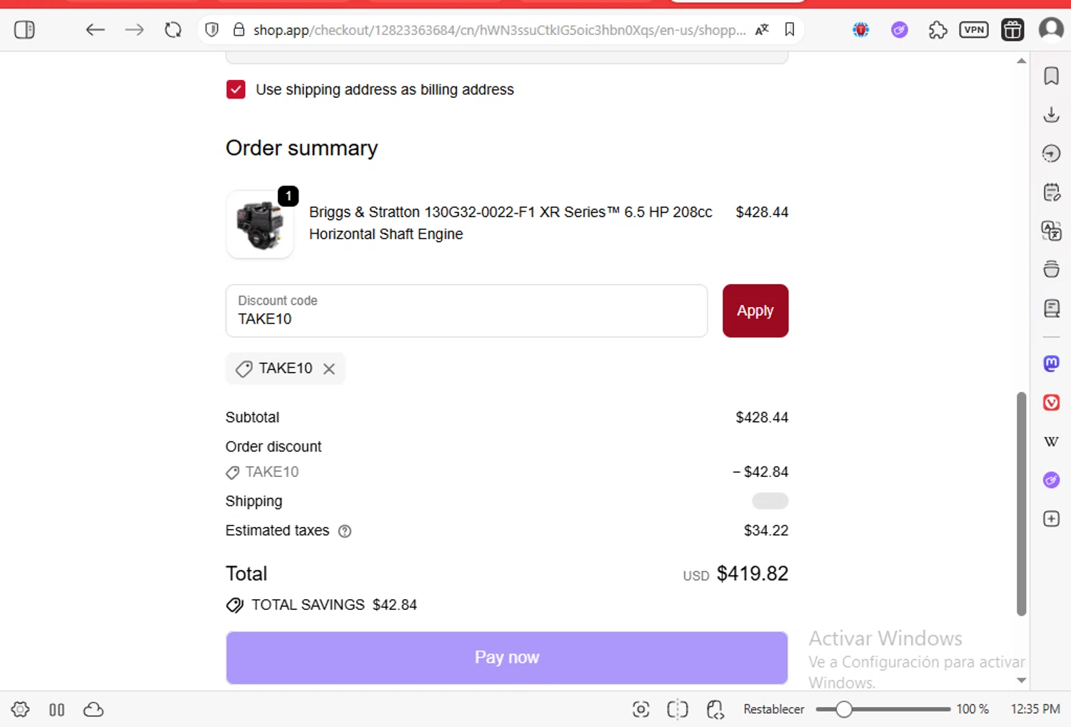 Briggs And Stratton discount code screenshot showing code TAKE10 applied at Briggs And Stratton checkout page. Uploaded by SimplyCodes community member luissilva2 on Oct 8, 2025