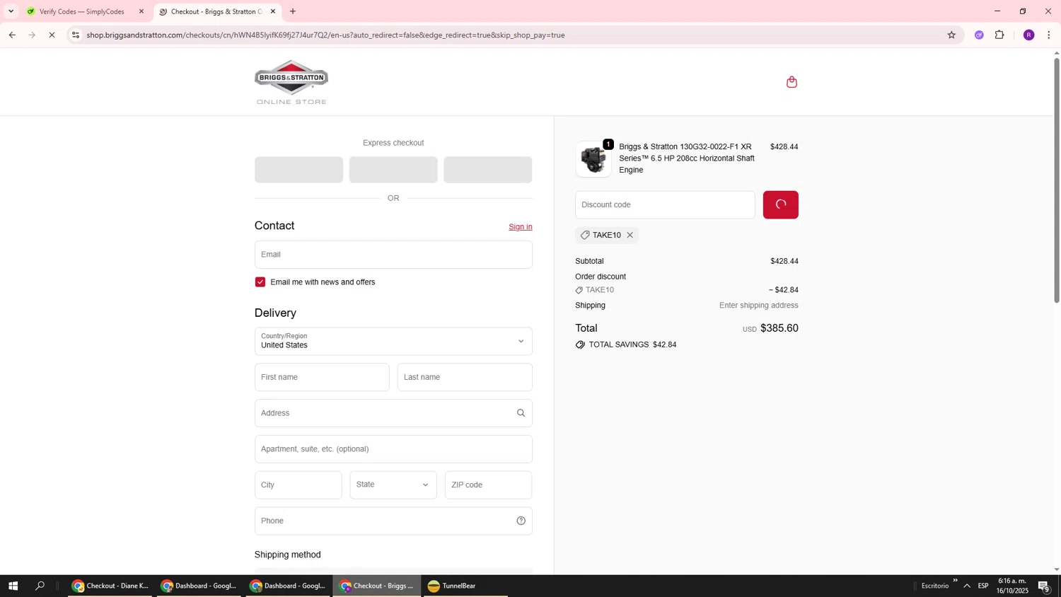 Briggs And Stratton discount code screenshot showing code TAKE10 applied at Briggs And Stratton checkout page. Uploaded by SimplyCodes community member ukemochi on Oct 16, 2025