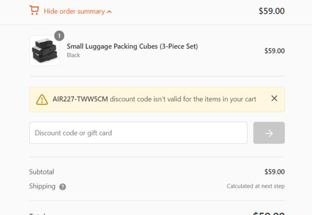 Briggs & Riley checkout page showing Briggs & Riley discount code box | Screenshot taken by SimplyCodes community member on May 12, 2024