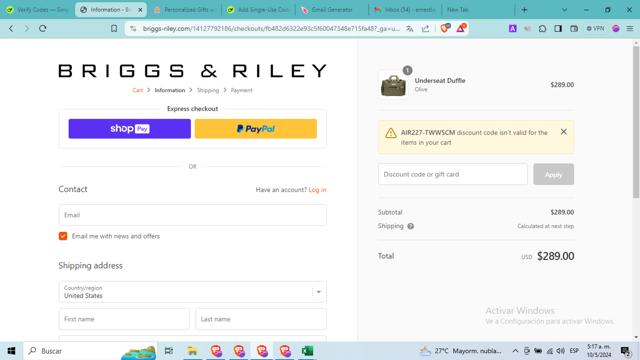 Briggs & Riley checkout page showing Briggs & Riley discount code box | Screenshot taken by SimplyCodes community member on May 10, 2024