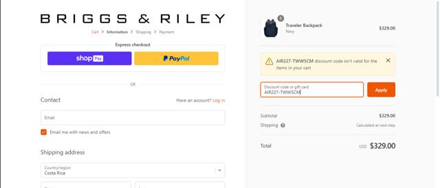 Briggs & Riley checkout page showing Briggs & Riley discount code box | Screenshot taken by SimplyCodes community member on Aug 3, 2024