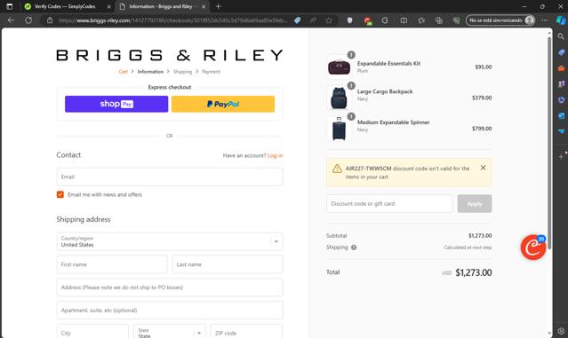 Briggs & Riley checkout page showing Briggs & Riley discount code box | Screenshot taken by SimplyCodes community member on Jun 6, 2024