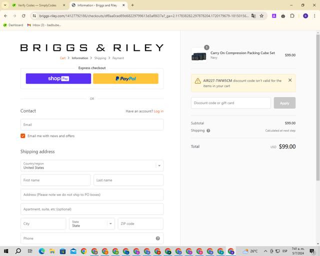 Briggs & Riley checkout page showing Briggs & Riley discount code box | Screenshot taken by SimplyCodes community member on Jul 5, 2024