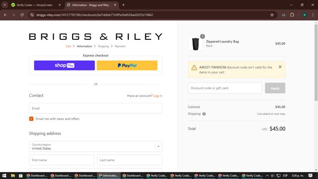 Briggs & Riley checkout page showing Briggs & Riley discount code box | Screenshot taken by SimplyCodes community member on Aug 3, 2024
