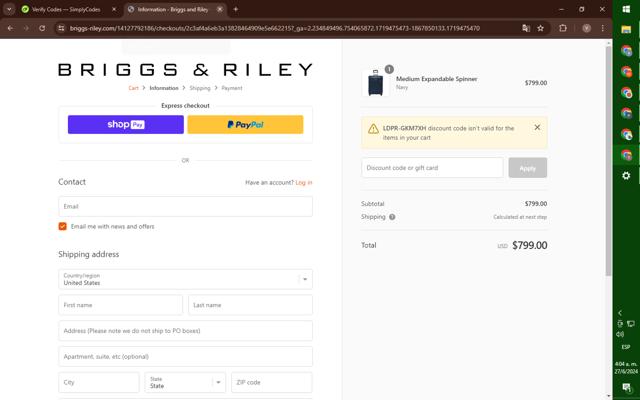 Briggs & Riley checkout page showing Briggs & Riley discount code box | Screenshot taken by SimplyCodes community member on Jun 27, 2024