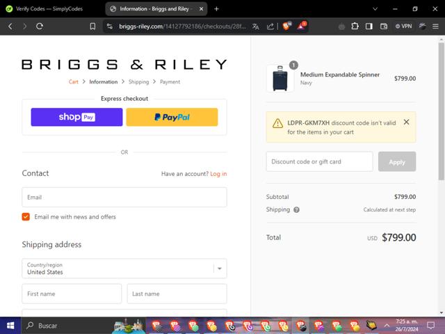 Briggs & Riley checkout page showing Briggs & Riley discount code box | Screenshot taken by SimplyCodes community member on Jul 26, 2024