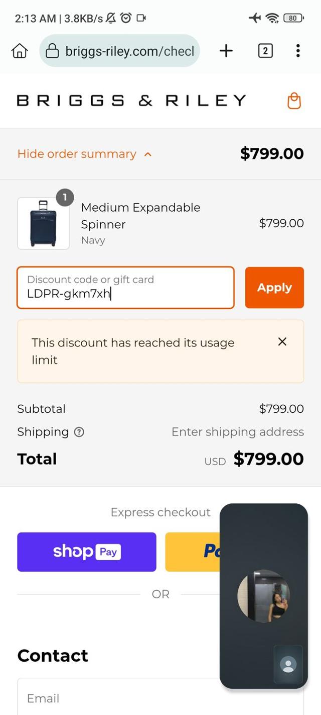 Briggs & Riley checkout page showing Briggs & Riley discount code box | Screenshot taken by SimplyCodes community member on Aug 8, 2024