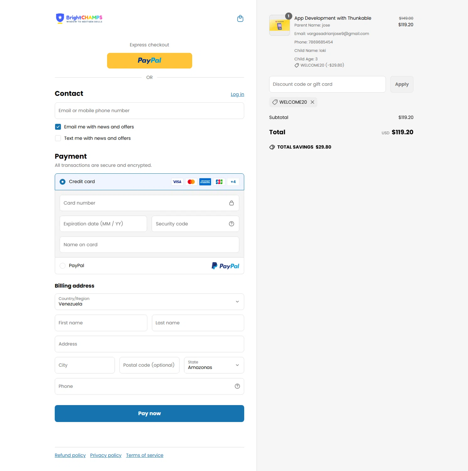 BrightChamps promo code screenshot showing code WELCOME20 applied at BrightChamps checkout page. Uploaded by SimplyCodes community member Rossimar on May 28, 2025