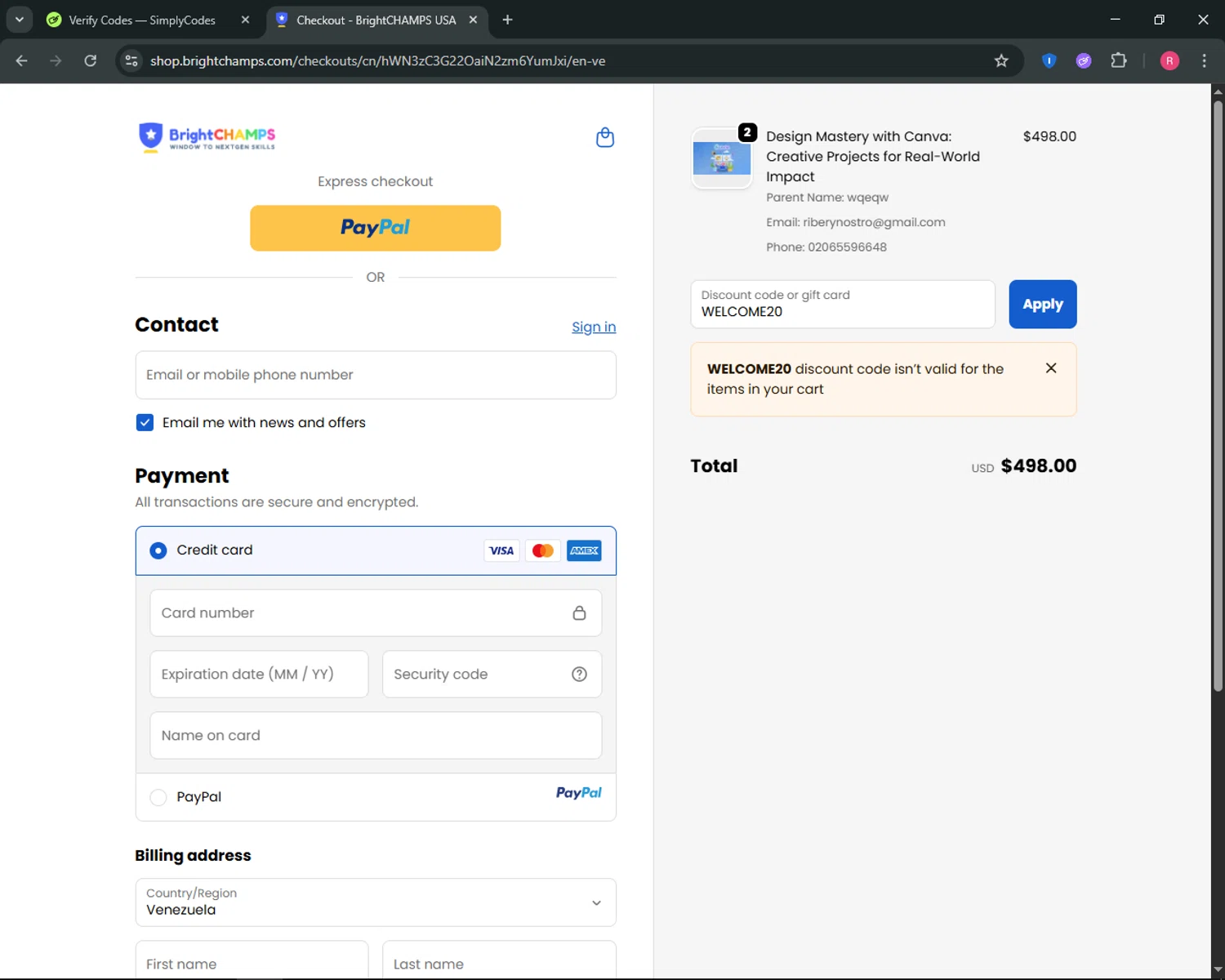 BrightChamps promo code screenshot showing code WELCOME20 applied at BrightChamps checkout page. Uploaded by SimplyCodes community member ThriftyGuardian8485 on Oct 11, 2025