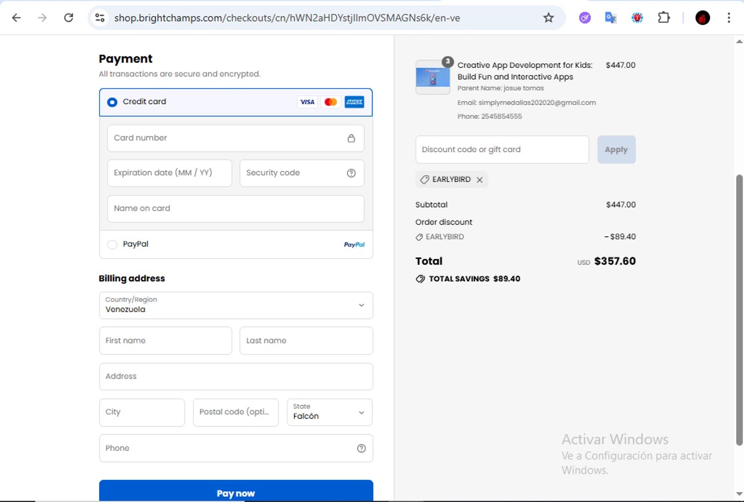 BrightChamps promo code screenshot showing code EARLYBIRD applied at BrightChamps checkout page. Uploaded by SimplyCodes community member Francisco01 on Sep 4, 2025