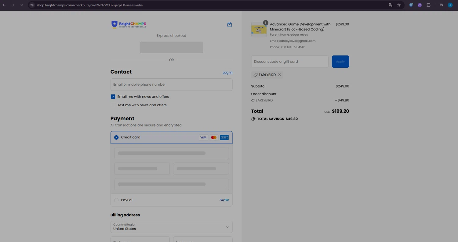 BrightChamps promo code screenshot showing code EARLYBIRD applied at BrightChamps checkout page. Uploaded by SimplyCodes community member LuckyDefender4135 on Sep 2, 2025