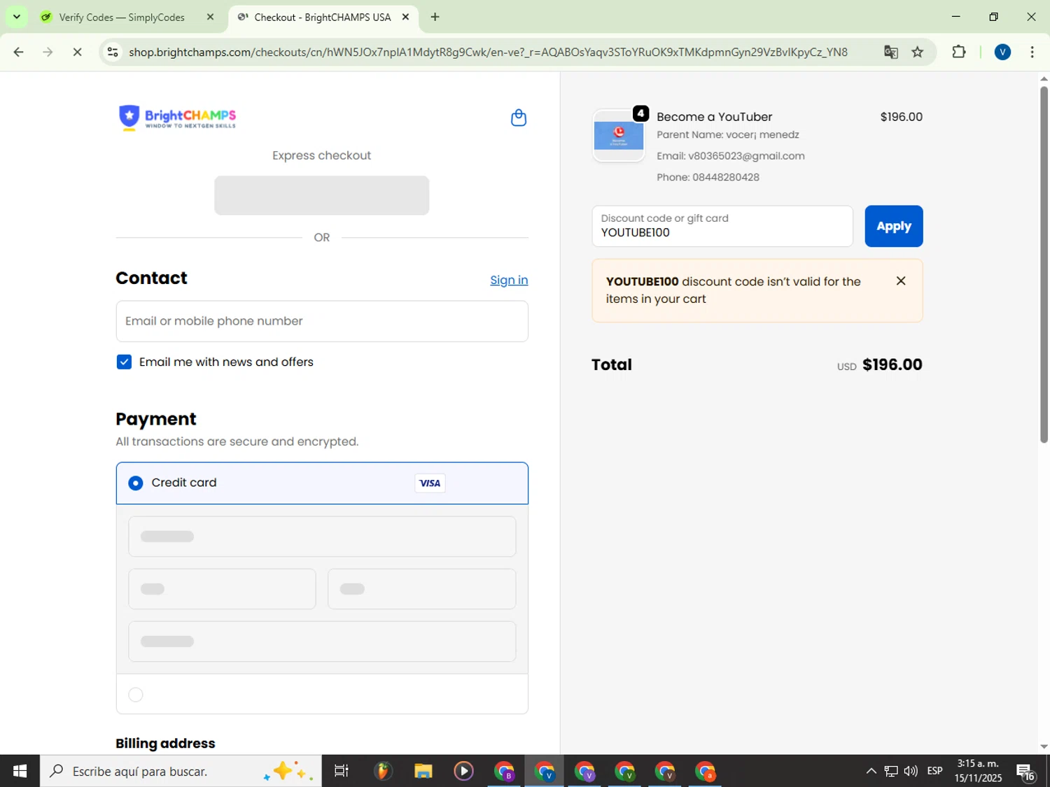 BrightChamps promo code screenshot showing code YOUTUBE100 applied at BrightChamps checkout page. Uploaded by SimplyCodes community member Garou_Y2K on Nov 15, 2025