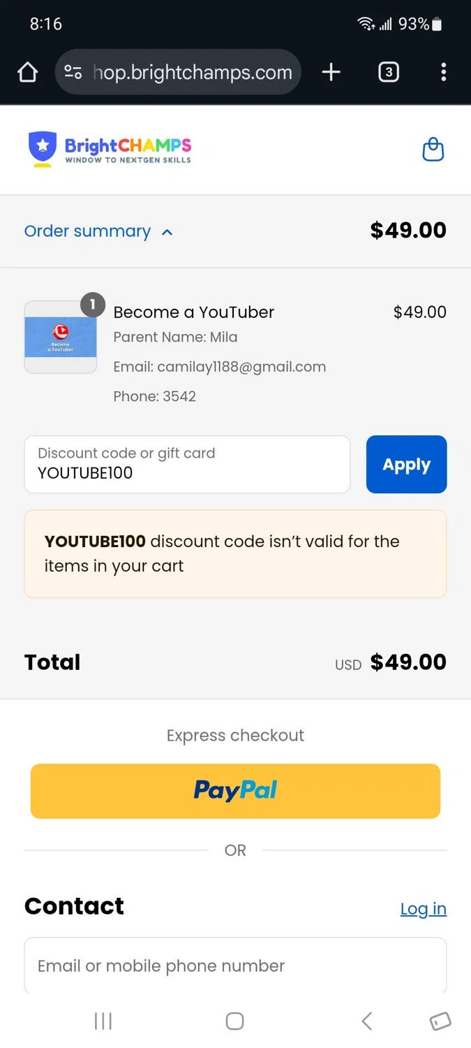 BrightChamps promo code screenshot showing code YOUTUBE100 applied at BrightChamps checkout page. Uploaded by SimplyCodes community member Milaya on Sep 3, 2025