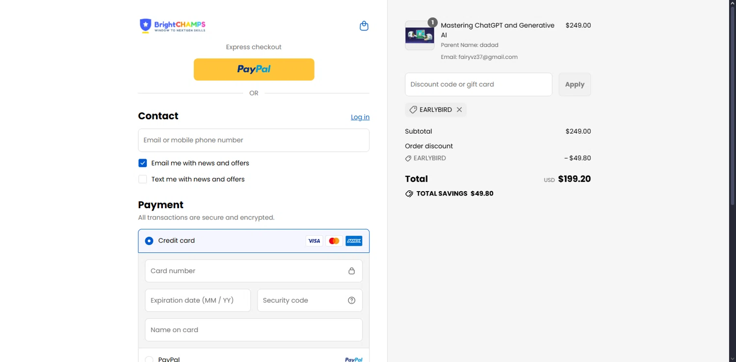 BrightChamps promo code screenshot showing code EARLYBIRD applied at BrightChamps checkout page. Uploaded by SimplyCodes community member Serdanvz on Sep 2, 2025